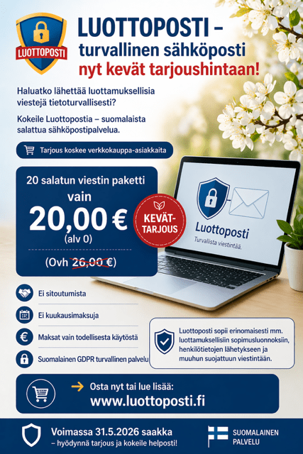 Luottoposti kevättarjous 20 salattua viestiä 20 euroa turvallinen sähköposti