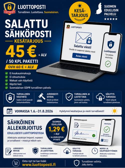 Salattu sähköposti ja sähköinen allekirjoitus – Luottopostin kesätarjous Salattu sähköposti ja sähköinen allekirjoitus Luottopostilta – turvallinen suomalainen GDPR-yhteensopiva viestintäpalvelu